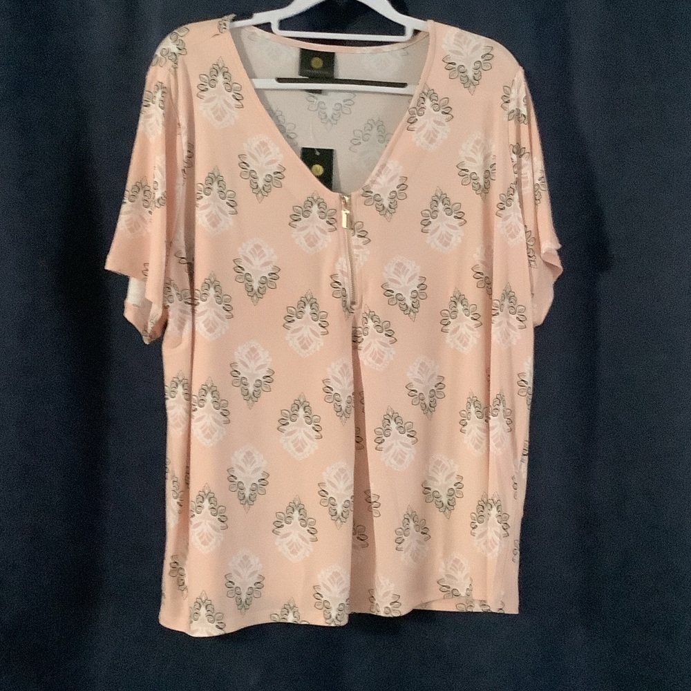 JM Collection Peach Print V-Neck Tunic with Front Zip